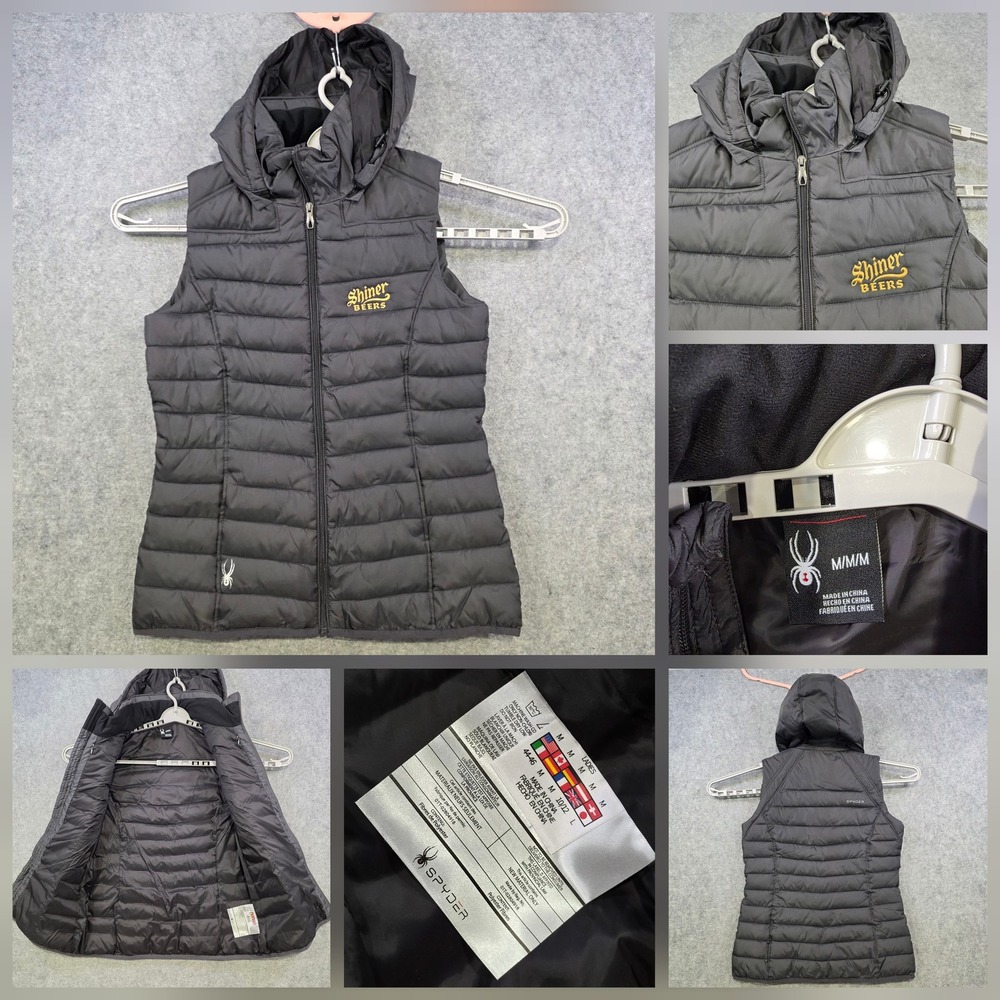 Spyder Vest Womens Medium Black Hooded Quilted Shiner Beers Logo Puffer Warm